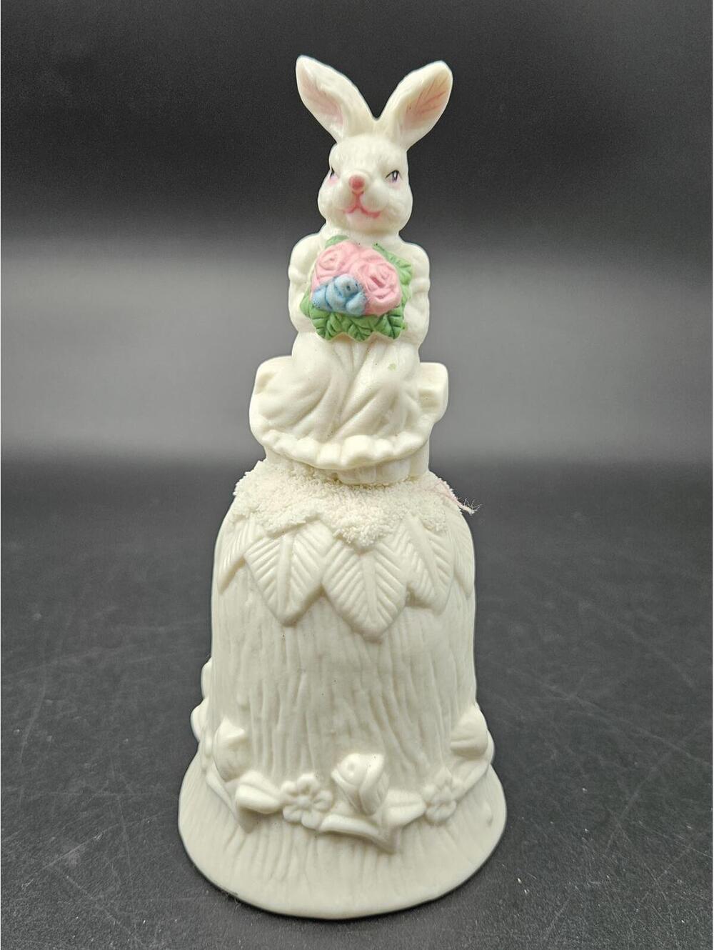Vintage 6" Ceramic Bunny Bell Hand Painted Rabbit with Rose Bouquet